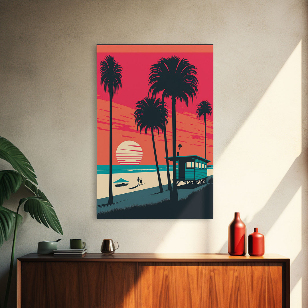 Retro Synthwave Art Deco Sunset Framed Canvas Print, Beaches, Palmtrees, Minimalist Style, Framed Art, Miami Art, California Decor