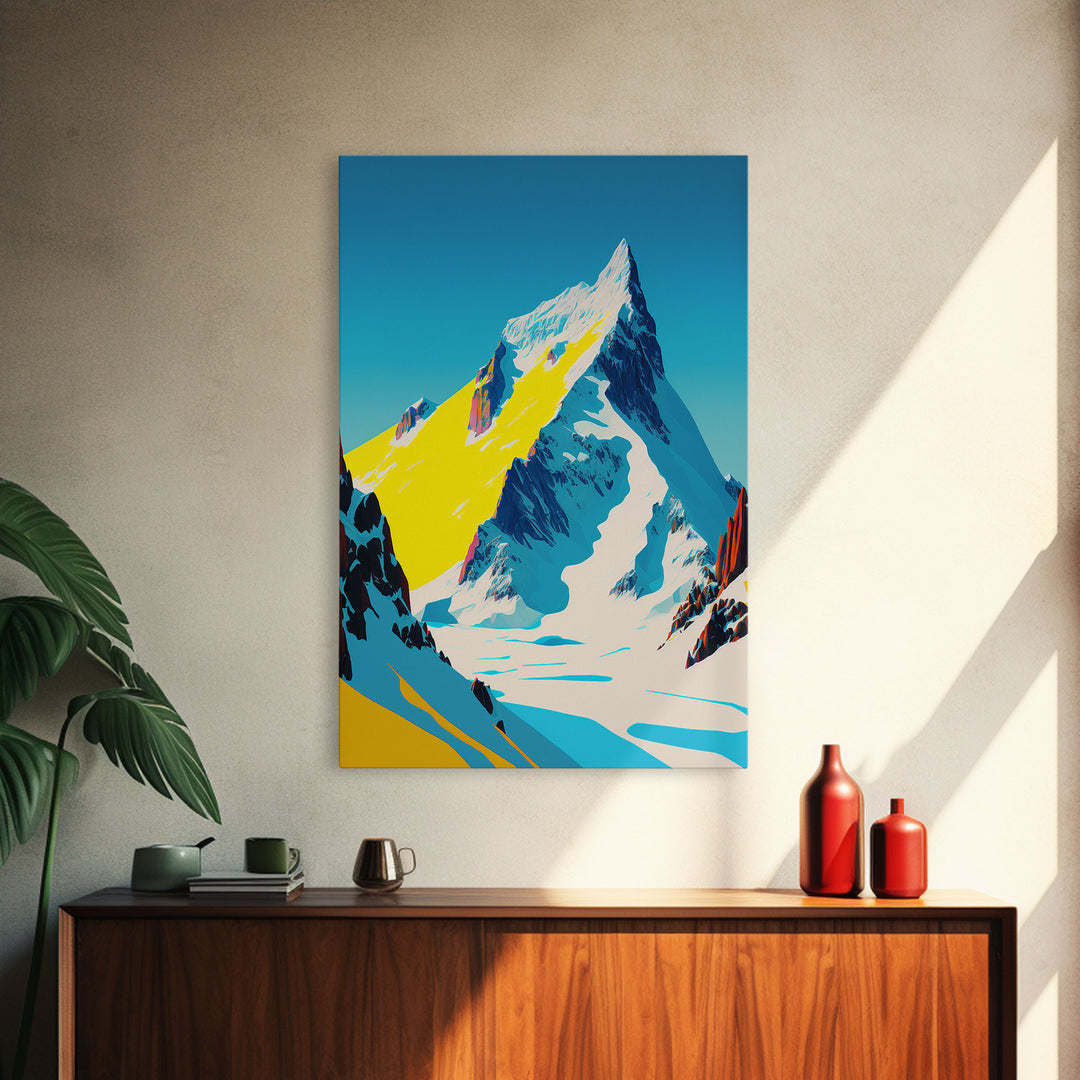 Retro Mount Everest Landscape Art, Framed Canvas Print, Retro Style Painting, Snow Capped Peaks, Orange Landscape, Minimalist MCM Art