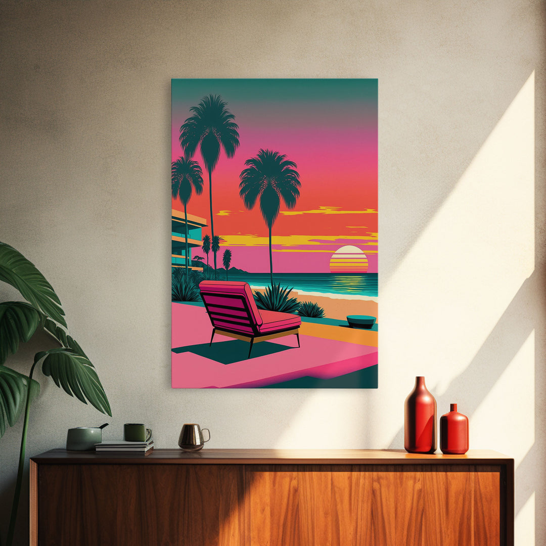 Framed Canvas Print – Art Deco Sunset Beach, Minimalist, Retro, Palm Trees, Synthwave, Vaporwave, Island Vibes, Lounging, Synthwave Deco