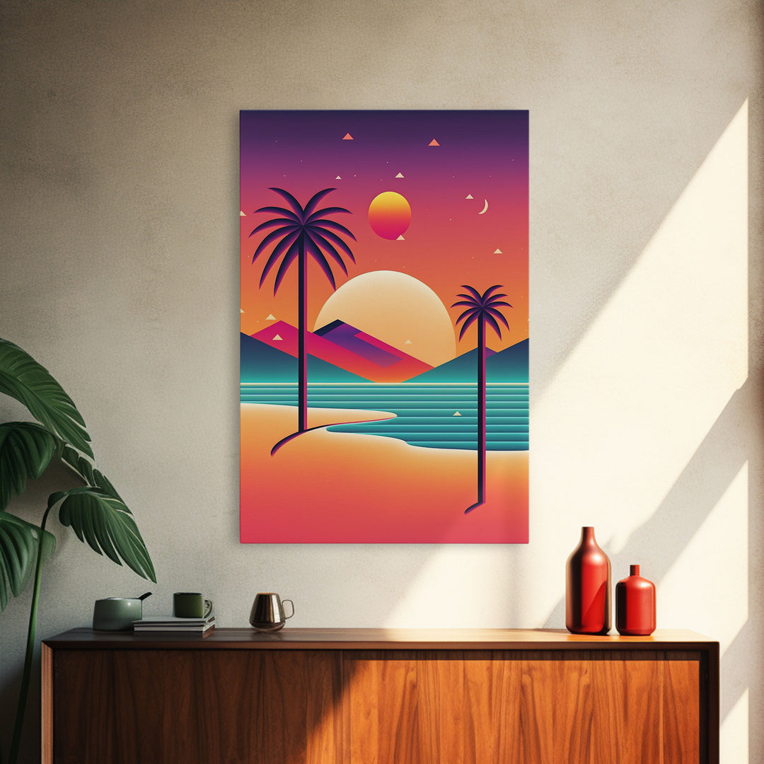 Framed Canvas Print | Art Deco Sunset | Retro Style | Palm Trees | Island Vibes | Desert Pyramids and Palm Trees | Desert Art