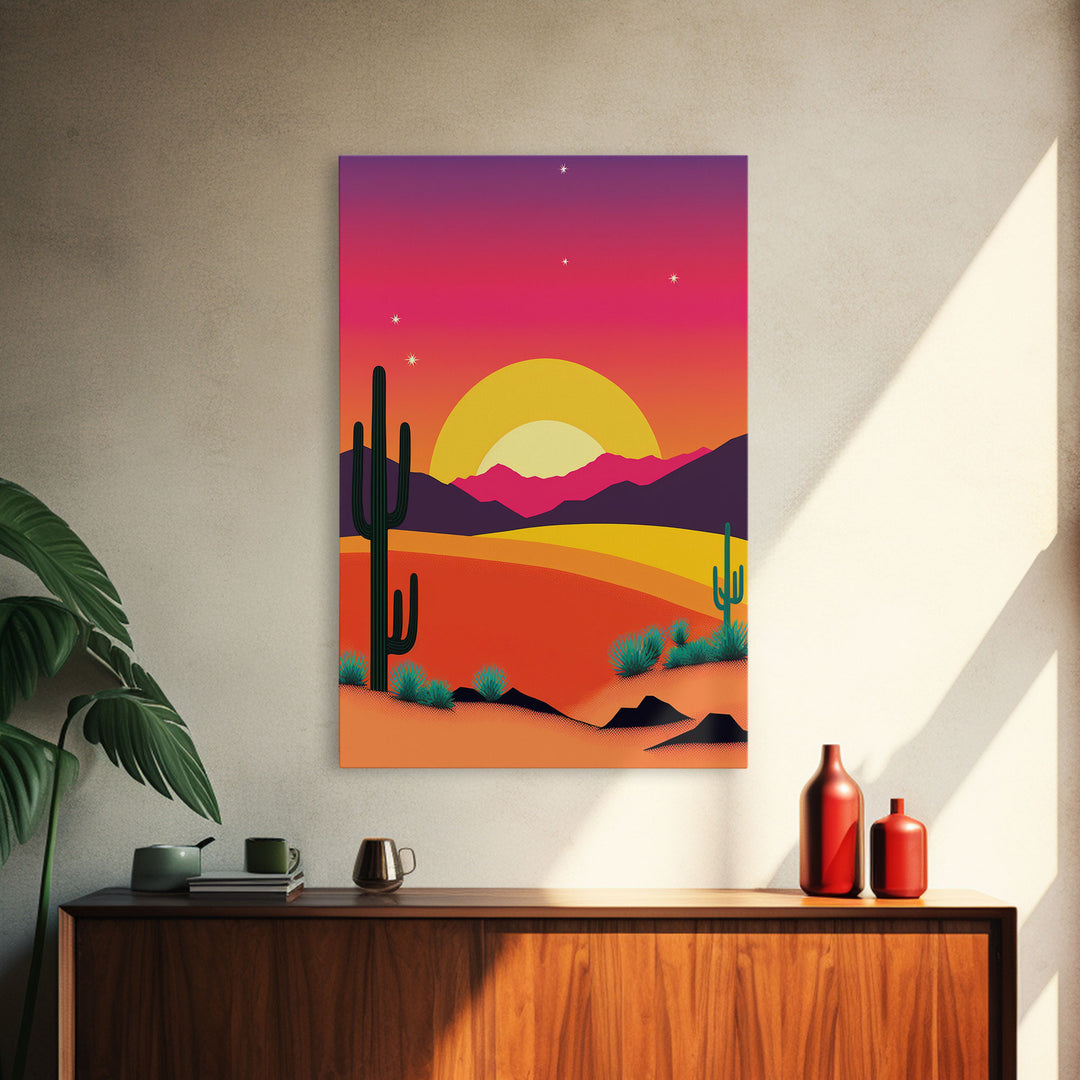 Framed Canvas Art | Sunset Desert Landscape | Pop Art Style | UV-Resistant Coating | Hand-Stretched | 1.5" Thick Wooden Frame