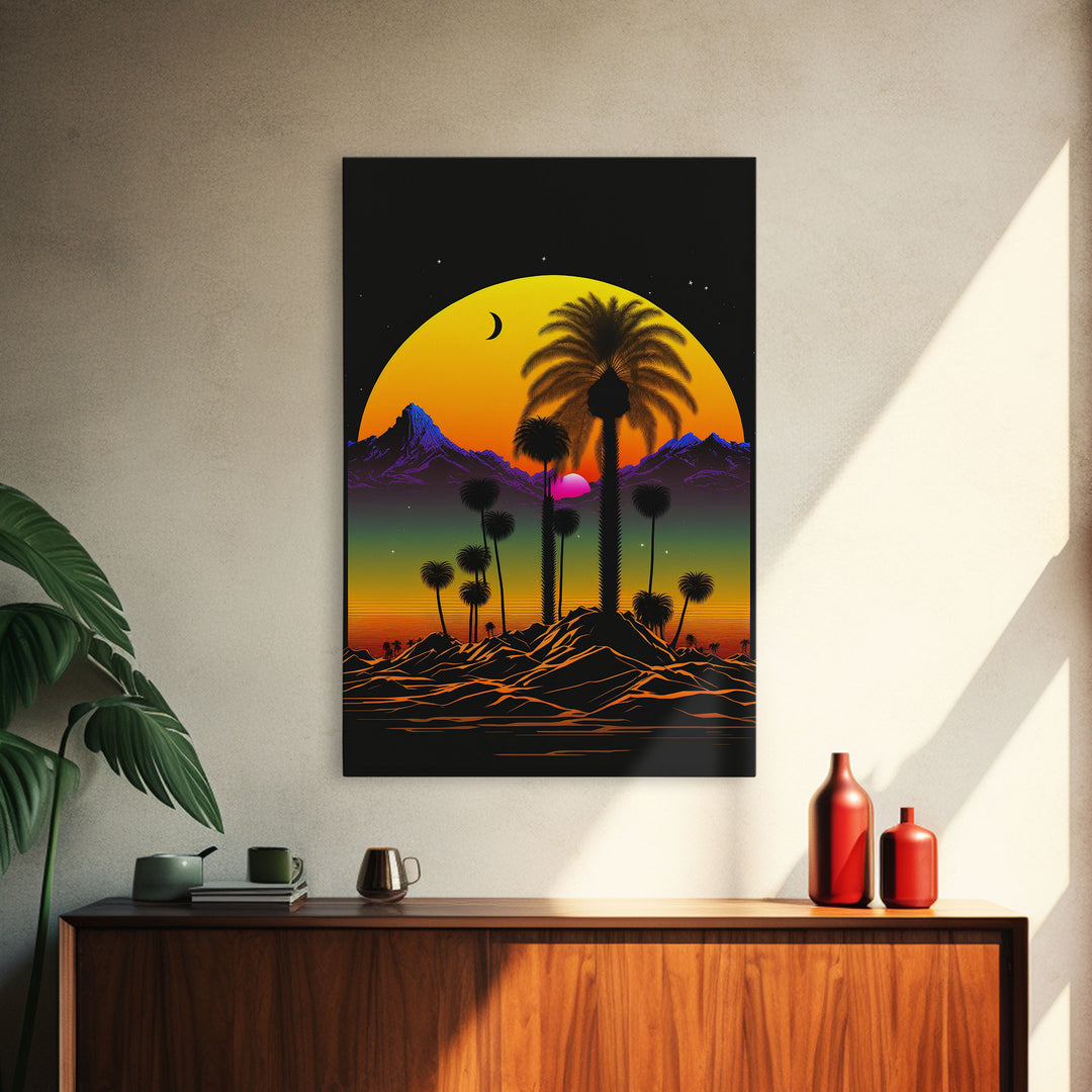 Pop Art Framed Canvas Print of Desert Landscape at Sunset, Outrun Style Sunset Full Moon Art, Unique 80s Vibe Retro Art