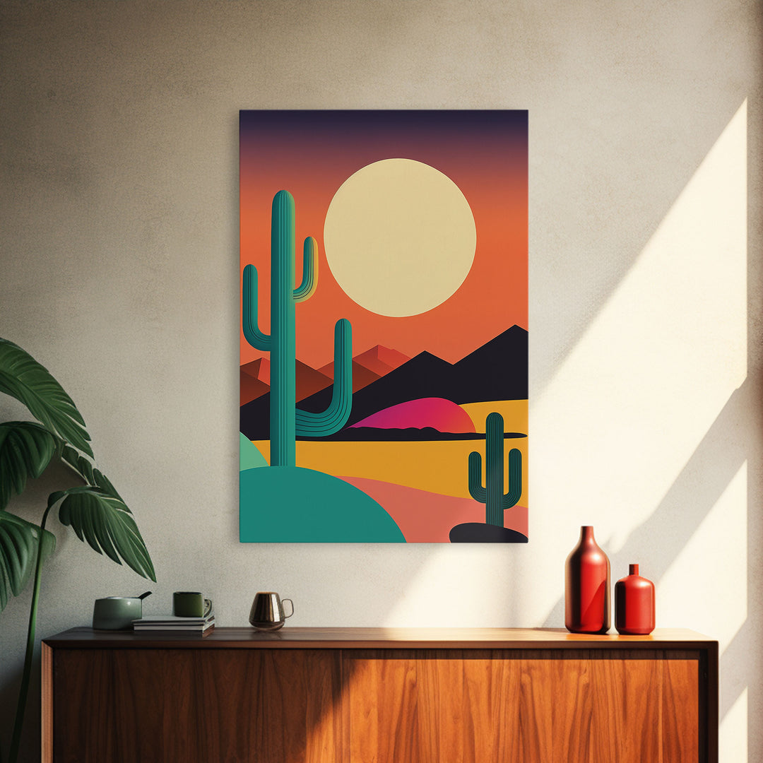 Pop Art Framed Canvas Print of Desert Landscape at Sunset, Outrun Style Sunset Full Moon Art, Unique 80s Vibe Retro Art, Art Deco