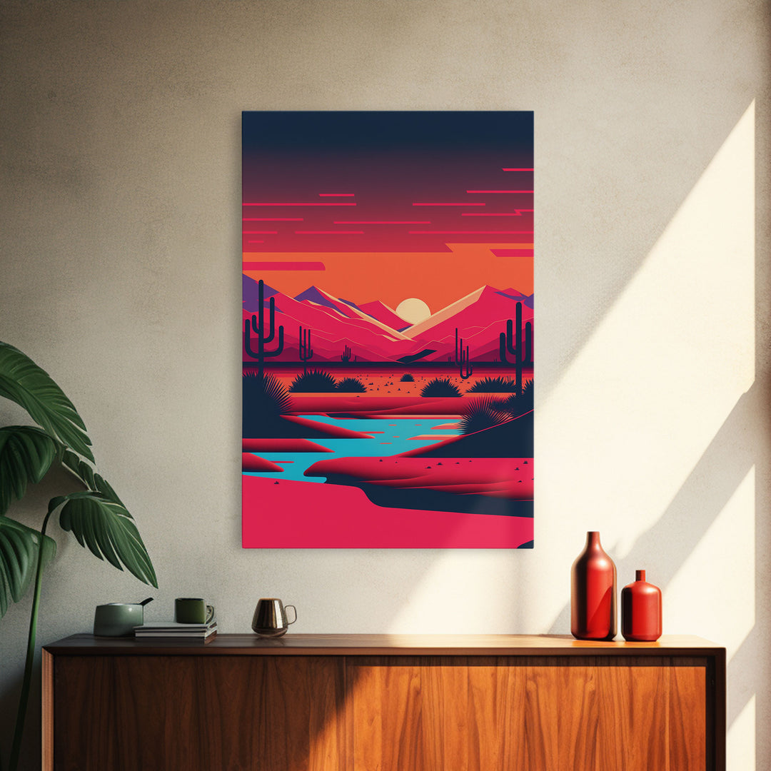 Retro Synthwave Desert Landscape Art, Framed Canvas Print, Unique Sunset Art, Living Room Wall Decor, Framed Art