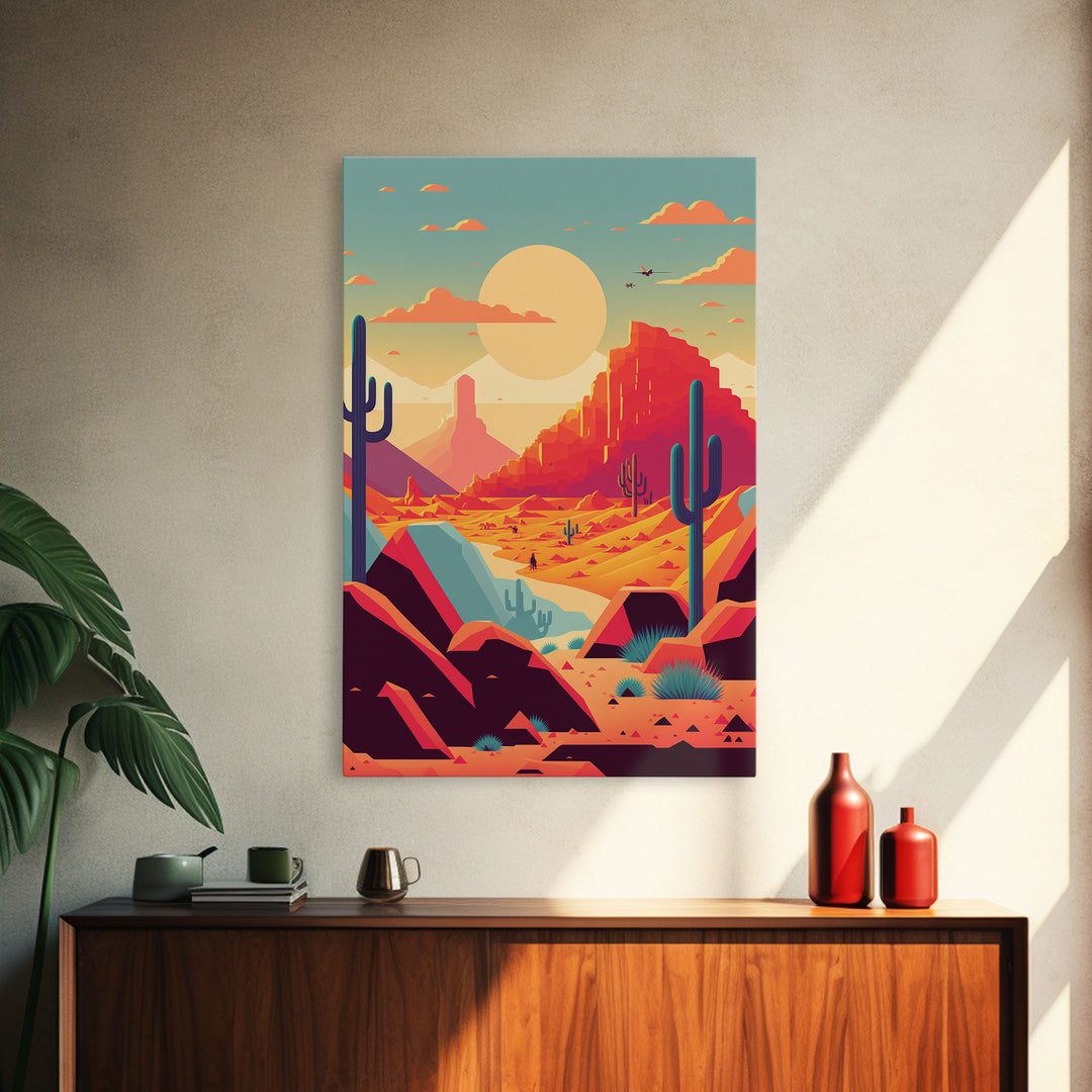 Retro Synthwave Desert Landscape Art, Framed Canvas Print, Unique Sunset Art, Living Room Wall Decor, Framed Art, Southwest Decor