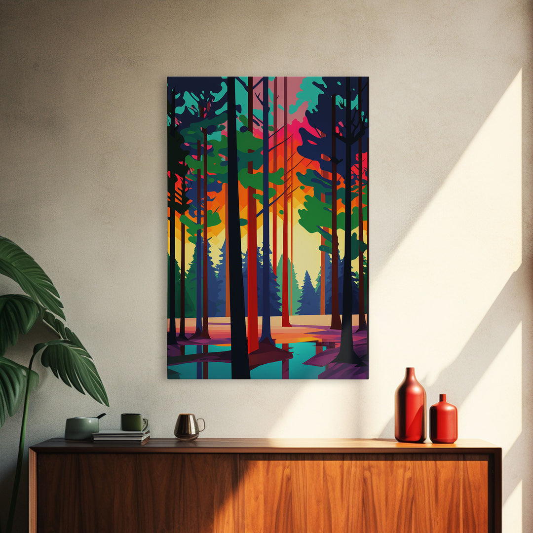 Silhouette Forest Landscape, Framed Canvas Print, Pop Art Minimalist Landscape Art