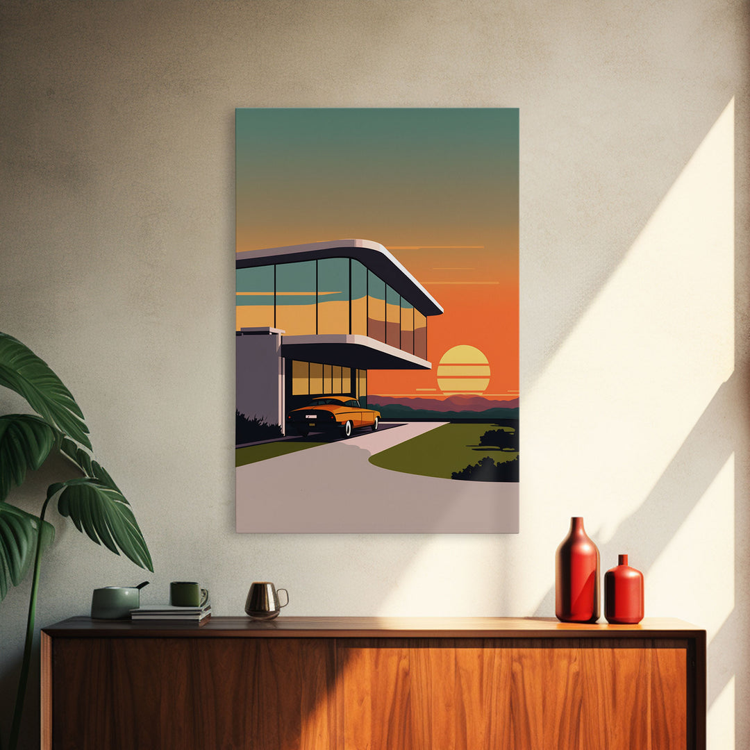 Midcentury Modern Architecture, Minimalist Art, Framed Canvas Print, Retro Style Art, Scandinavian Style Decor, Living Room Art