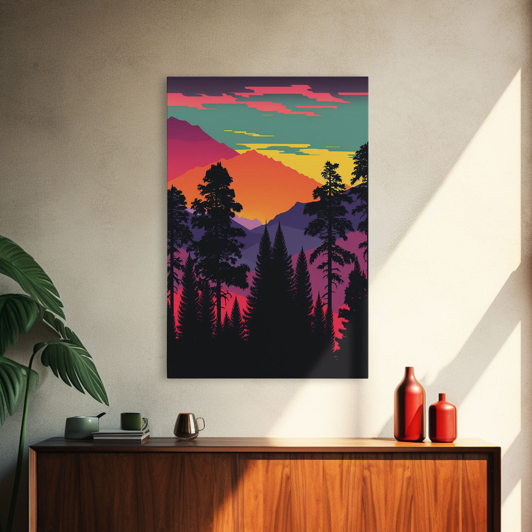 Pacific Northwest Pop Art, Framed Canvas Prints, Washington State, Pine Tree Forest and Mountain Landscape at Sunset, Vibrant Art