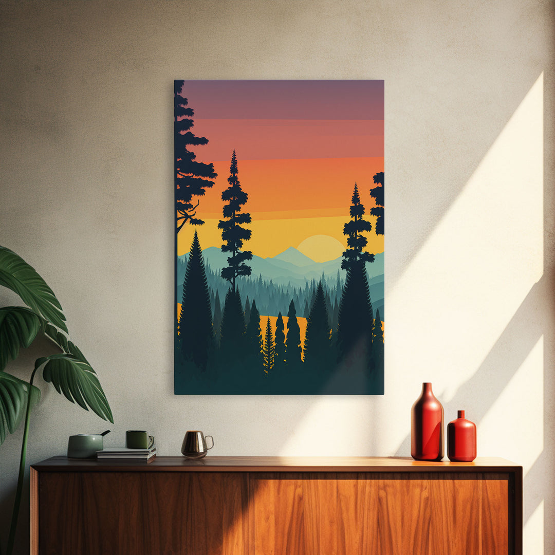 Oregon Landscape Pop Art, Framed Canvas Prints, Washington State, Pine Tree Forest and Mountain Landscape at Sunset, Vibrant Art