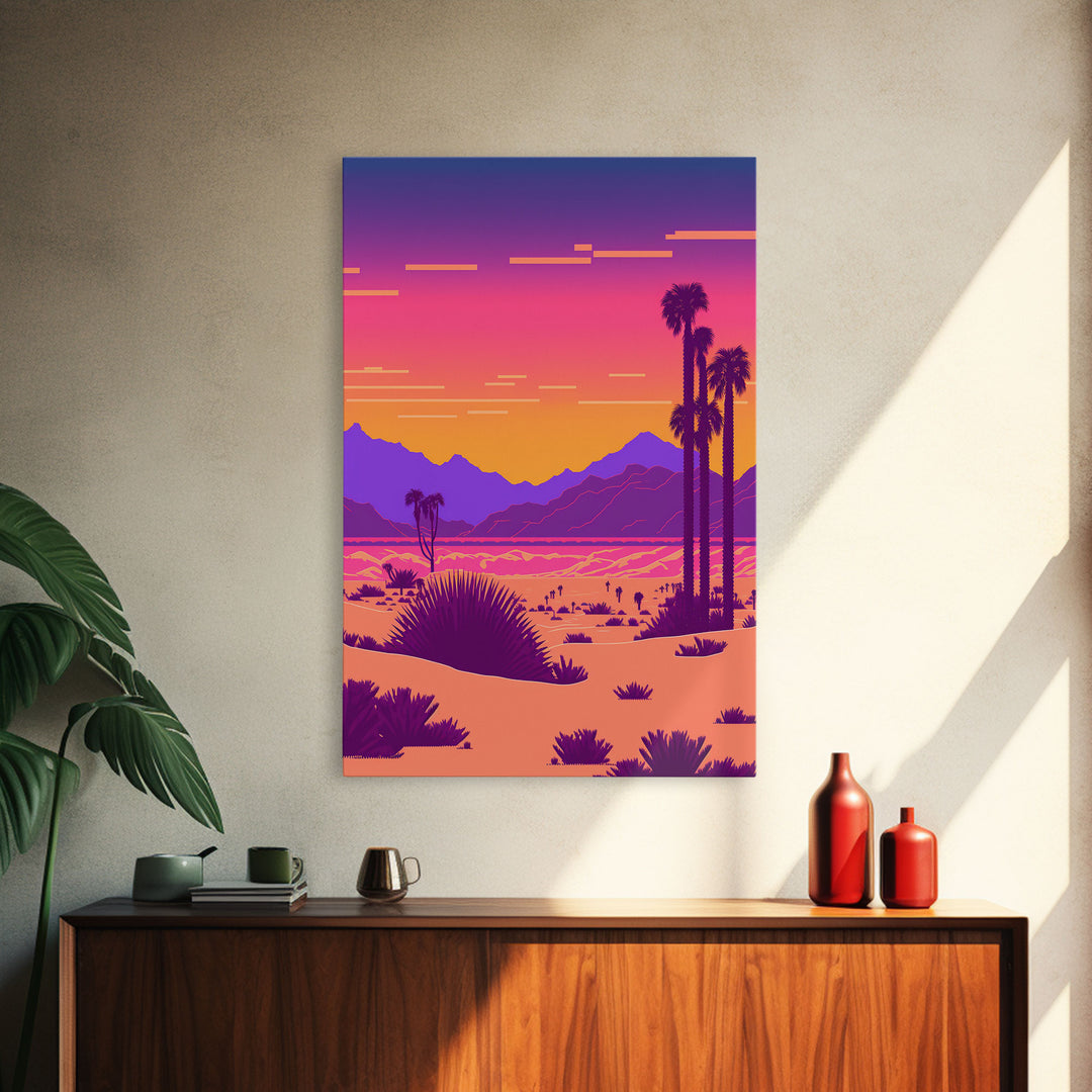 Retro Outrun Style Desert Landscape Print, Framed Canvas Art, Synthwave Style, Southwestern Decor, Western Art, Guest Room Decor