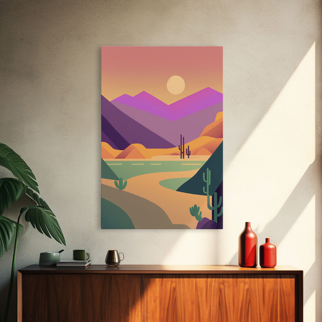 Retro Art Deco Style Minimalist Desert Landscape Print, Framed Canvas Art, Synthwave Style, Southwestern Decor, Western Art, Guest Room