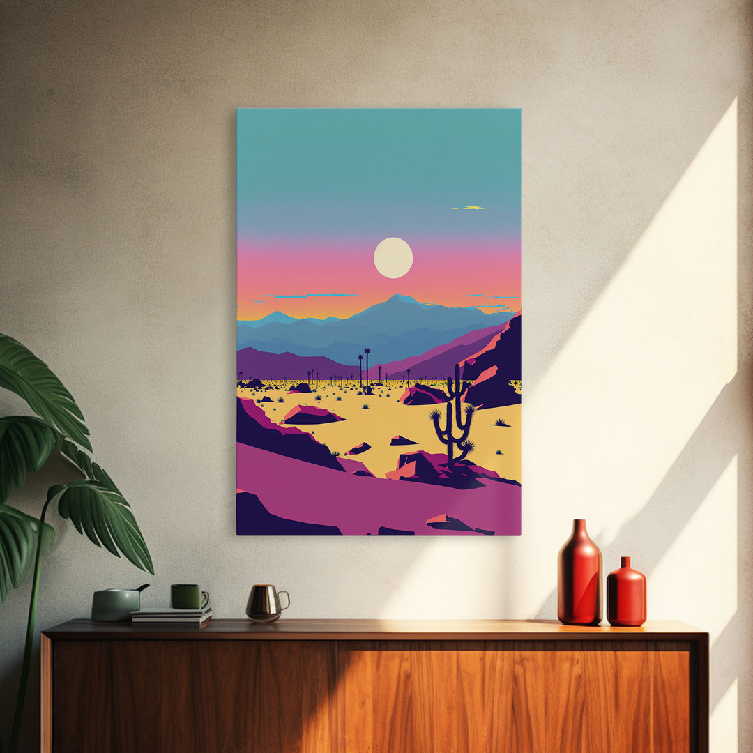 Synthwave Desert Landscape, Subdued Pastel Nature Art, Southwestern Decor, Framed Canvas Print, Pink and Turquoise Skies