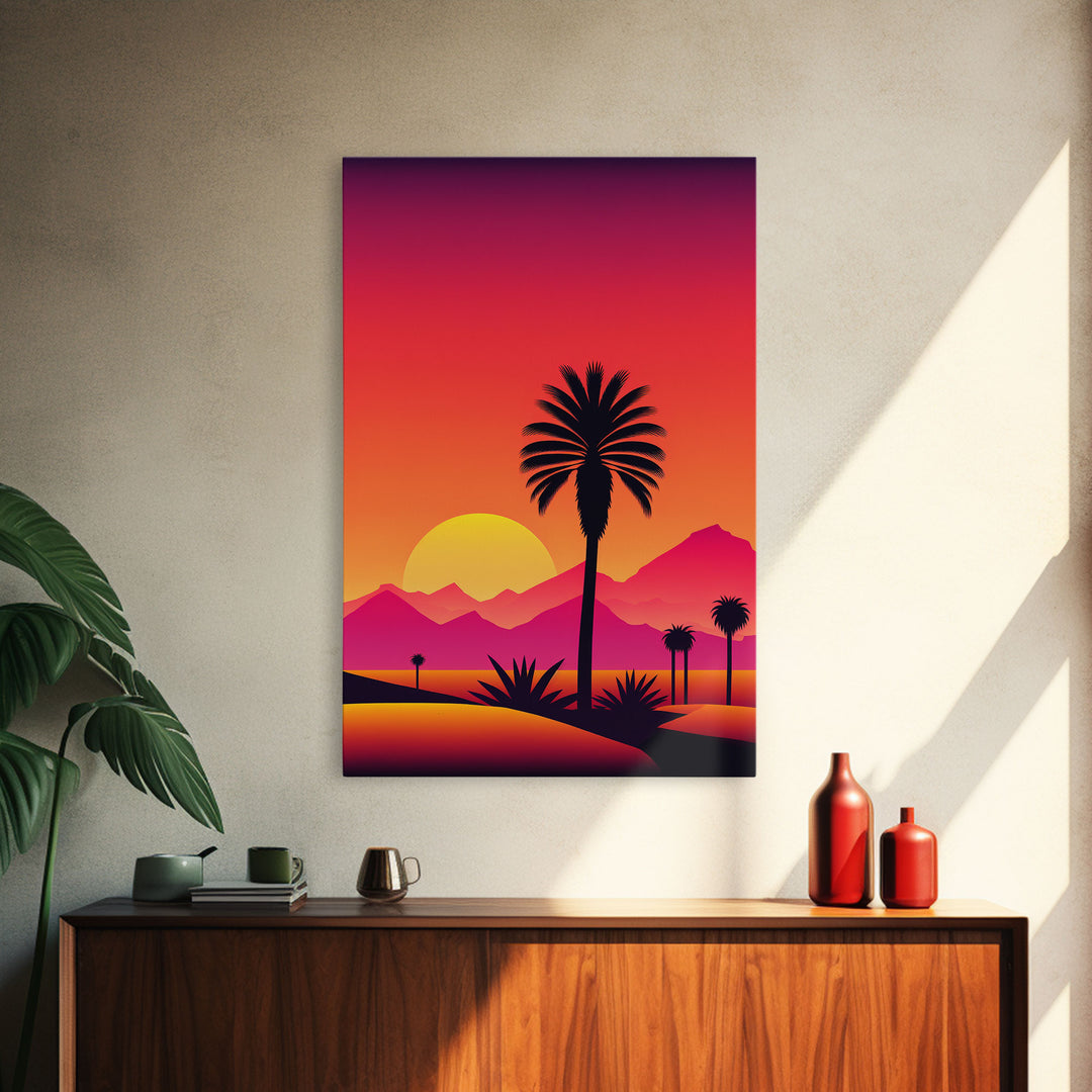 Palm Trees at Sunset, Synthwave Decor, 80s Retro Vibes Landscape Art, Framed Canvas Print