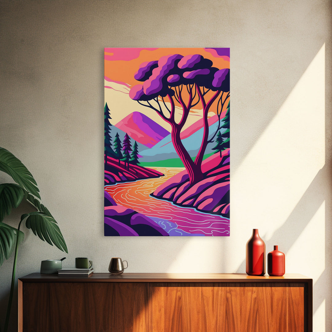 Surrealist Pop Art, Pink Fantasy Landscape Art, Framed Canvas Print