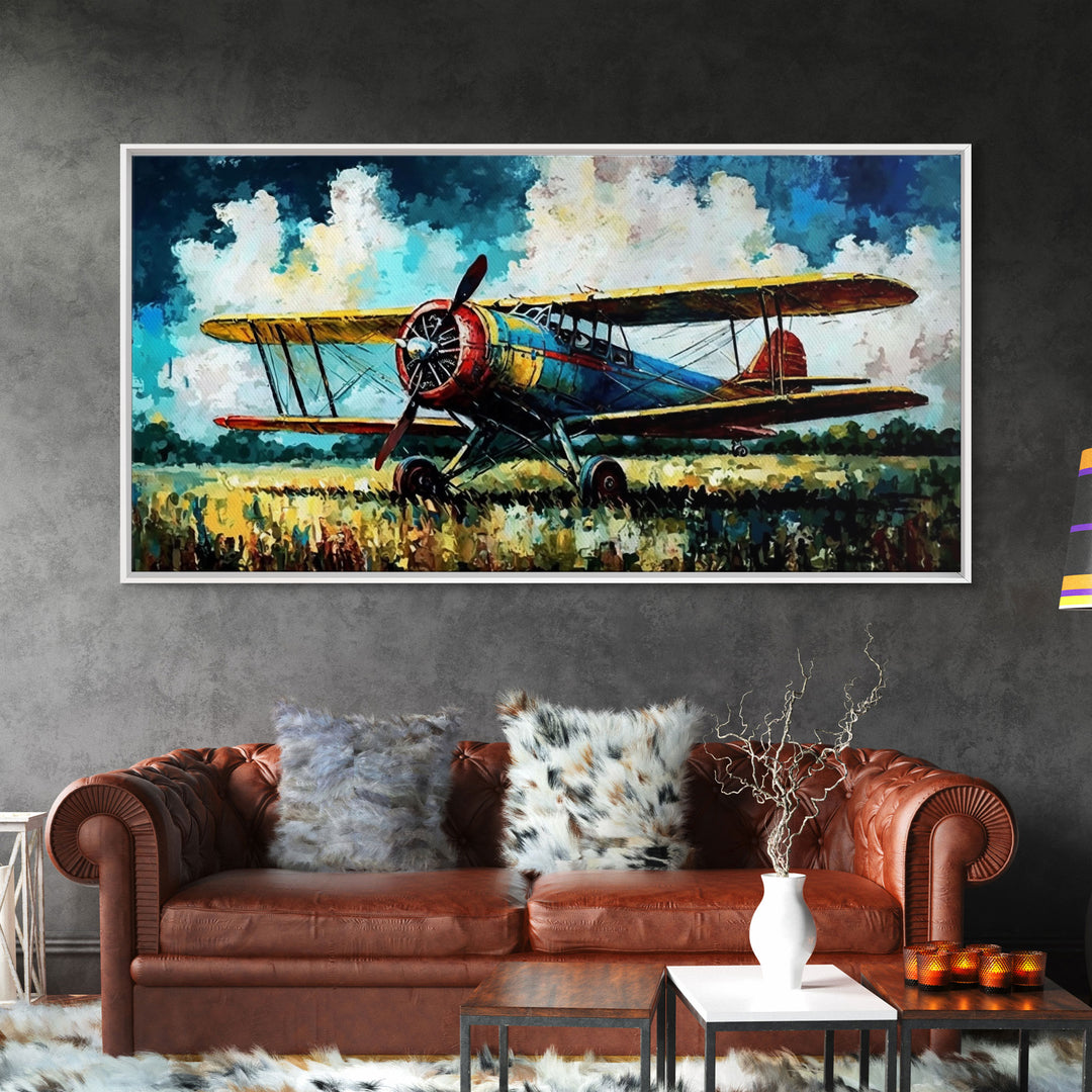 Aeroplane Art, Antique Airplane Painting Canvas Print, Framed Canvas Art, Above Sofa Art, Gift for RC Plane Pilot, Retro Plane Art