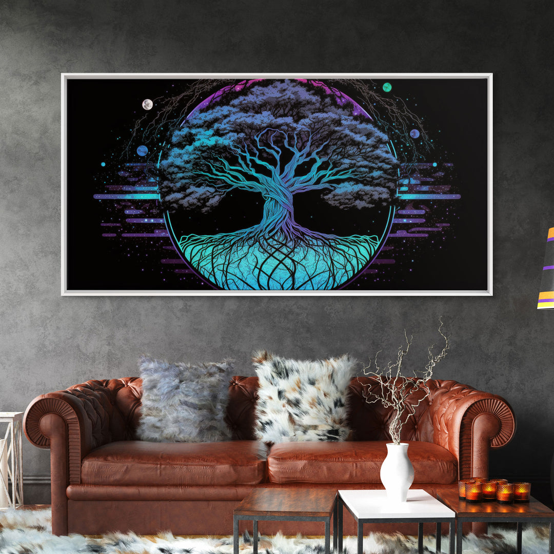 Norse Mythology Art, Synthwave Style Yggdrasil Tree of Life and the 9 Realms, Fantasy Art, Framed Canvas Print, Game Room Nordic Art