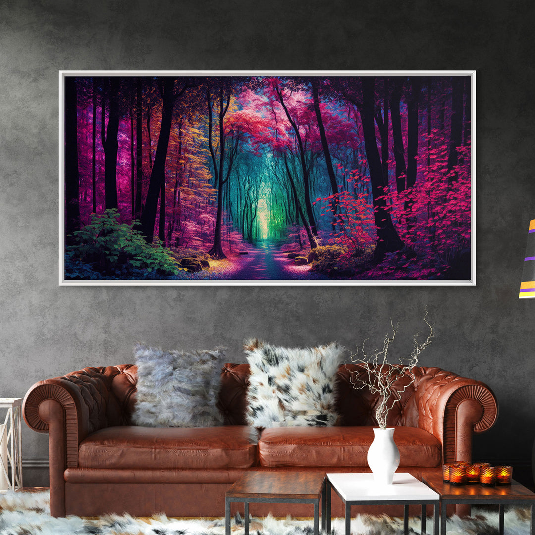 The Secret Grove, Fantasy Art, Pop Art Forest Landscape, Framed Canvas Print, Colorful Forest Painting, Living Room Art