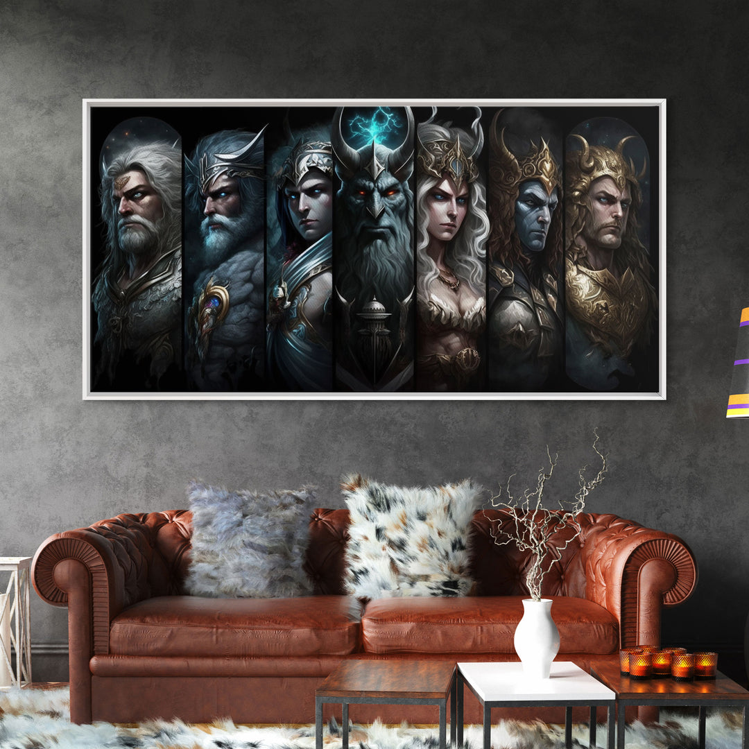 The Æsir, Aesir, Old Norse Gods, Framed Canvas Print, Norse Mythology, Scandinavian Mythology Fantasy Art