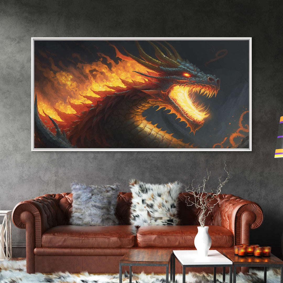 Fire Breathing Horned Dragon, Framed Canvas Print, Colorful Fantasy Wall Art, Videogame Concept Decor