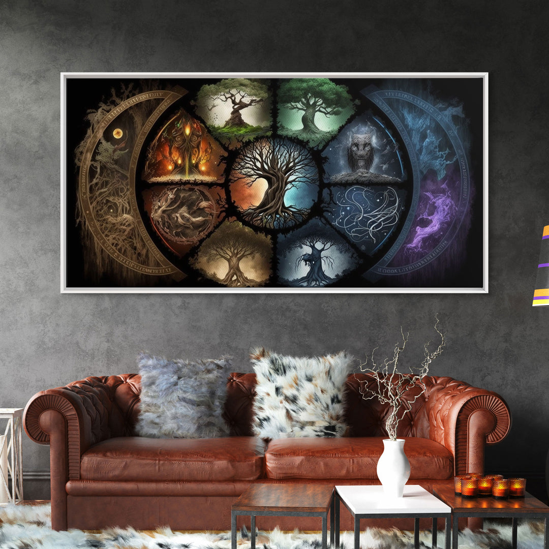 The Interconnected 9 Realms of Norse Mythology with Yggdrasil, Nordic Art, Framed Canvas Print, Nine Realms, Viking Art