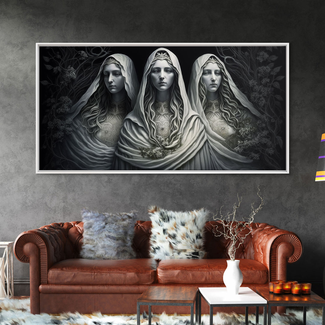 The Norns, Norse Mythology, Weavers of Fate, Framed Canvas Print,  Urðr, Verðandi, and Skuld, Black and White Norse Fantasy Art