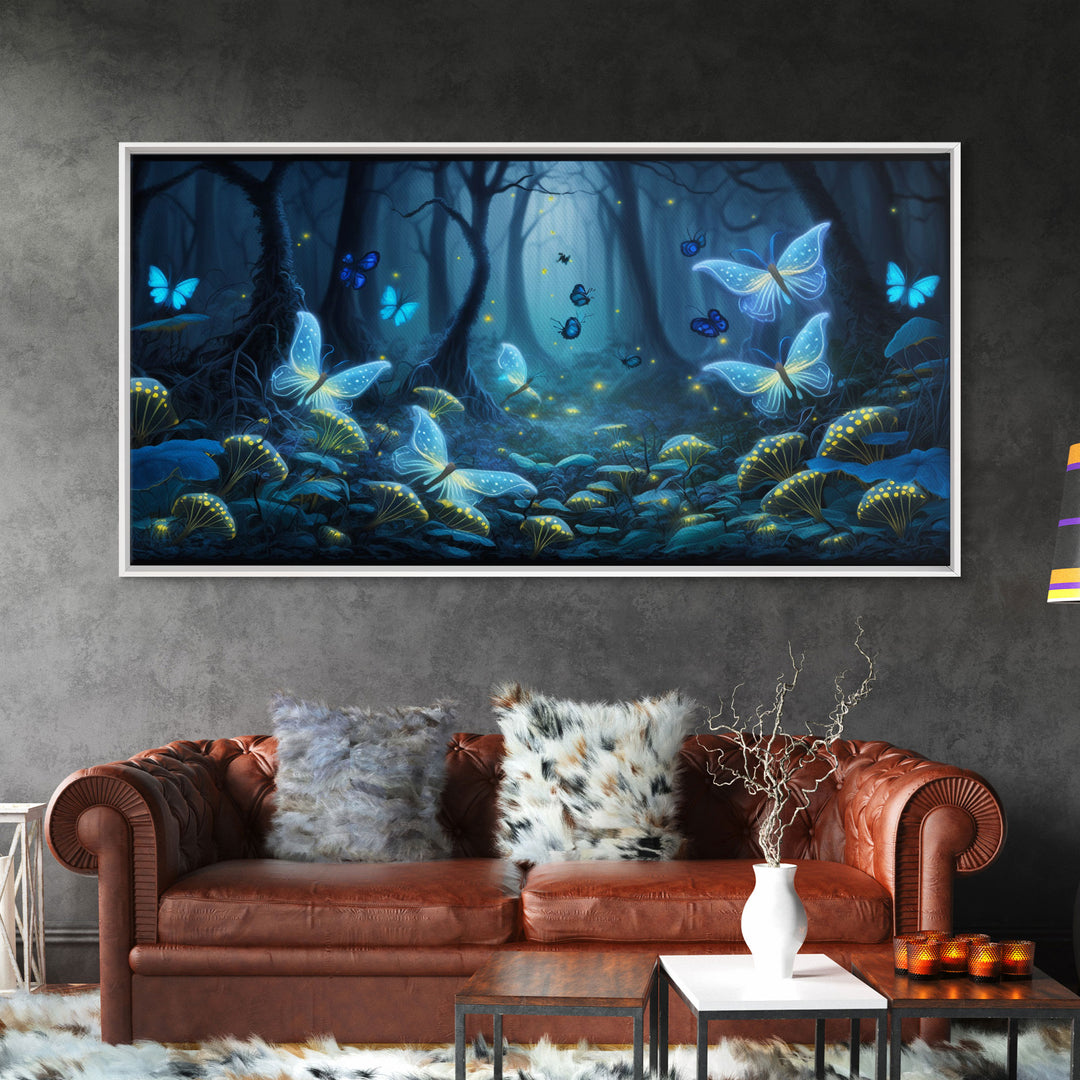 Magical Enchanted Fairy Forest, Fantasy Art, Framed Canvas Print, Bioluminescent Butterflies in an Enchanted Forest, Glowing Art