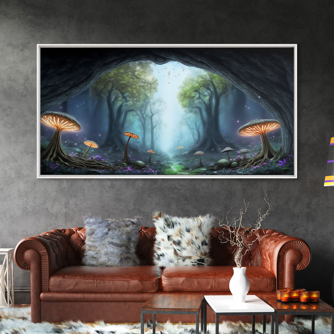 Magical Enchanted Mushroom Forest, Fantasy Art, Framed Canvas Print, Bioluminescent Butterflies in an Enchanted Forest, Glowing Art