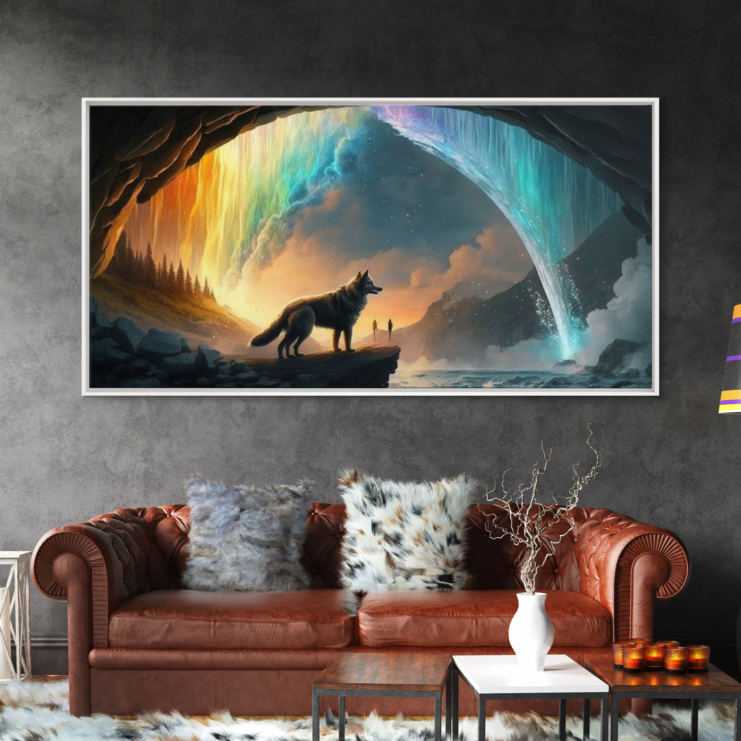 Fenrir, Mythological Wolf, With Bifrost. Norse Mythology Fantasy Art, Framed Canvas Print, Nordic Art