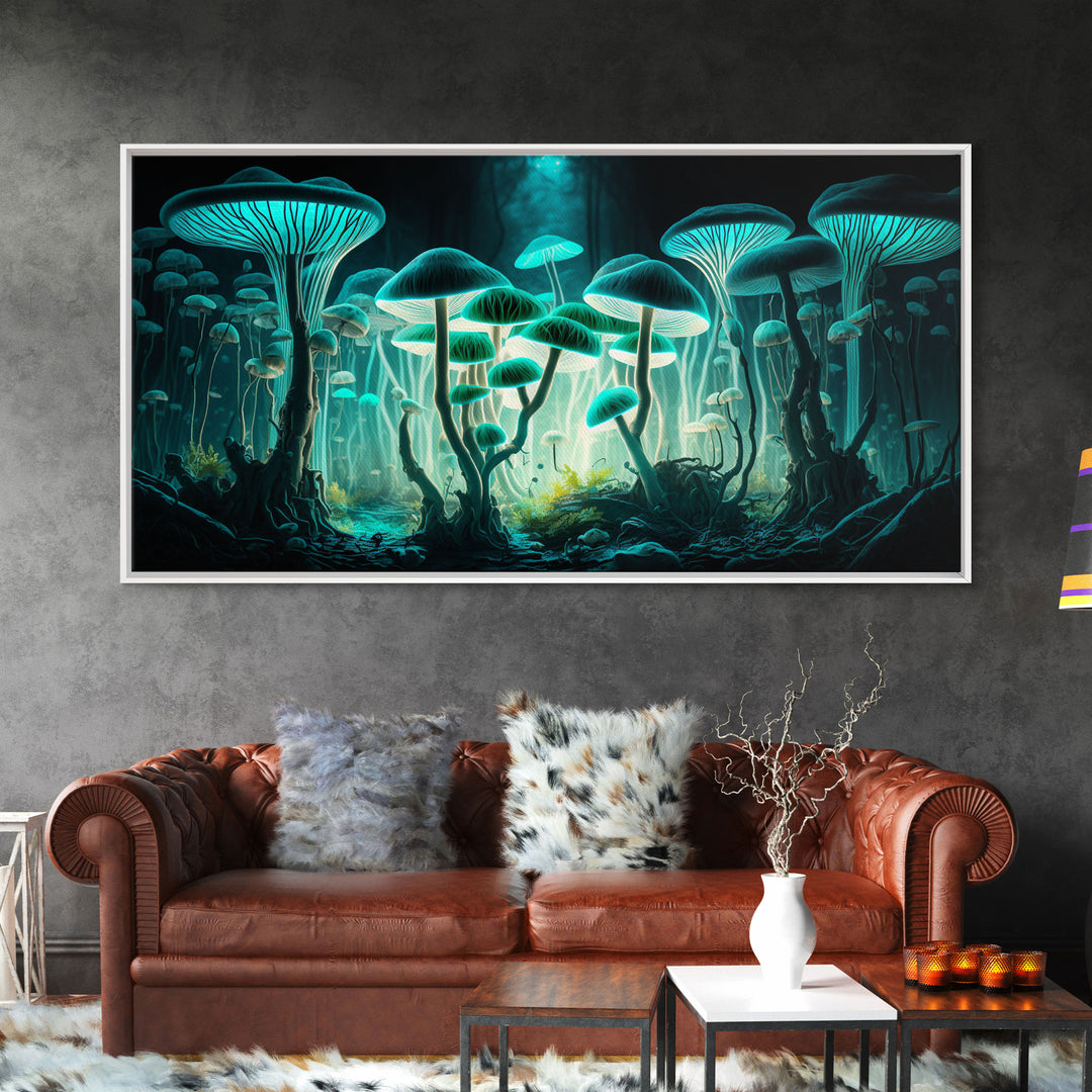 The Forest Floor, Framed Canvas Print, Glowing Mushrooms, Bioluminescent Mushroom Art, Color fantasy wall art