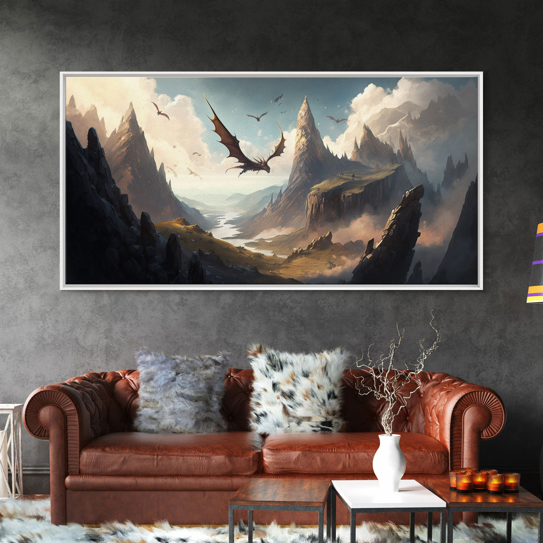 Dragons in Flight Over a Valley, Fantasy Art, Framed Canvas Print, Medieval Fantasy Art, Fire breathing dragons