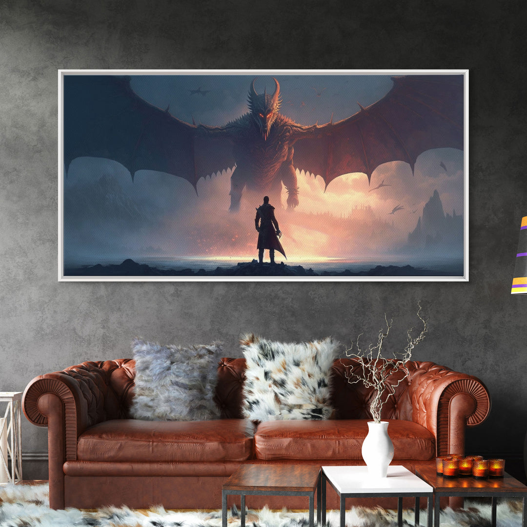 Warrior Facing Down a Dragon, Framed Canvas Print, Unique Fantasy Wall Art, In The Time of Dragons