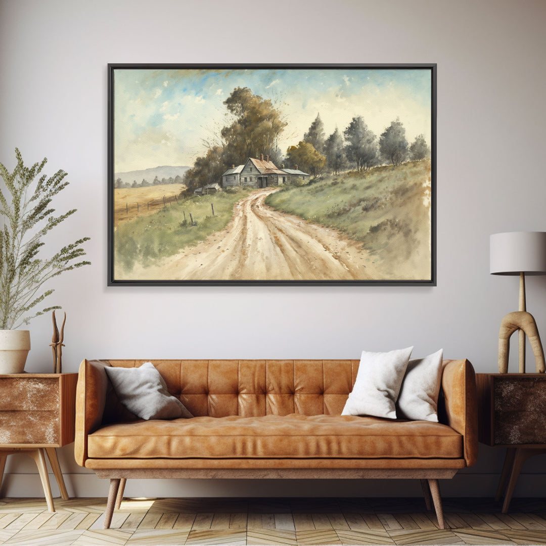 Country Roads Wall Art, Framed Canvas Print, Dirt Roads, Primitive Farmhouse Decor, Watercolor Painting, Rustic Muted Colors Wall Art