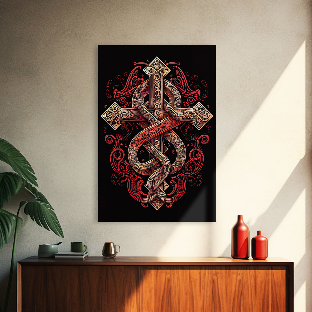 Cool Cross Art | Wall Art | Gothic Cross | Framed Canvas Print | Framed Art | Red and White Cross & Snake