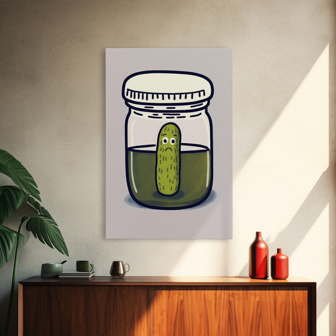 Sad Pickle Art, Framed Canvas Print, The Last Pickle, Cartoon Pickle Art