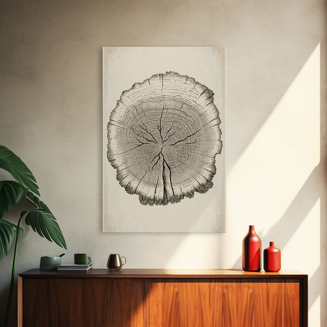 Framed Wall Art Canvas Print, Tree Cross Section, Tree Rings, Rustic Art, Farmhouse Decor, Oak Wood Tree Rings, Illustration, Gift For Him