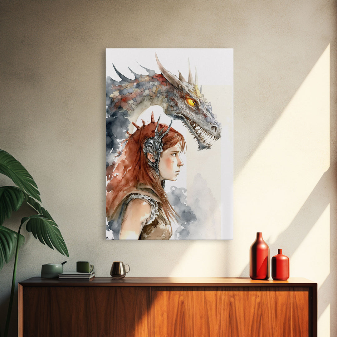 The Dragon Girl, Dragon Painting Canvas Print, Dragon Art, Fantasy Art, Fantasy Painting Wall Art, Girl and Her Dragon, Gamer Gift Wall Deco