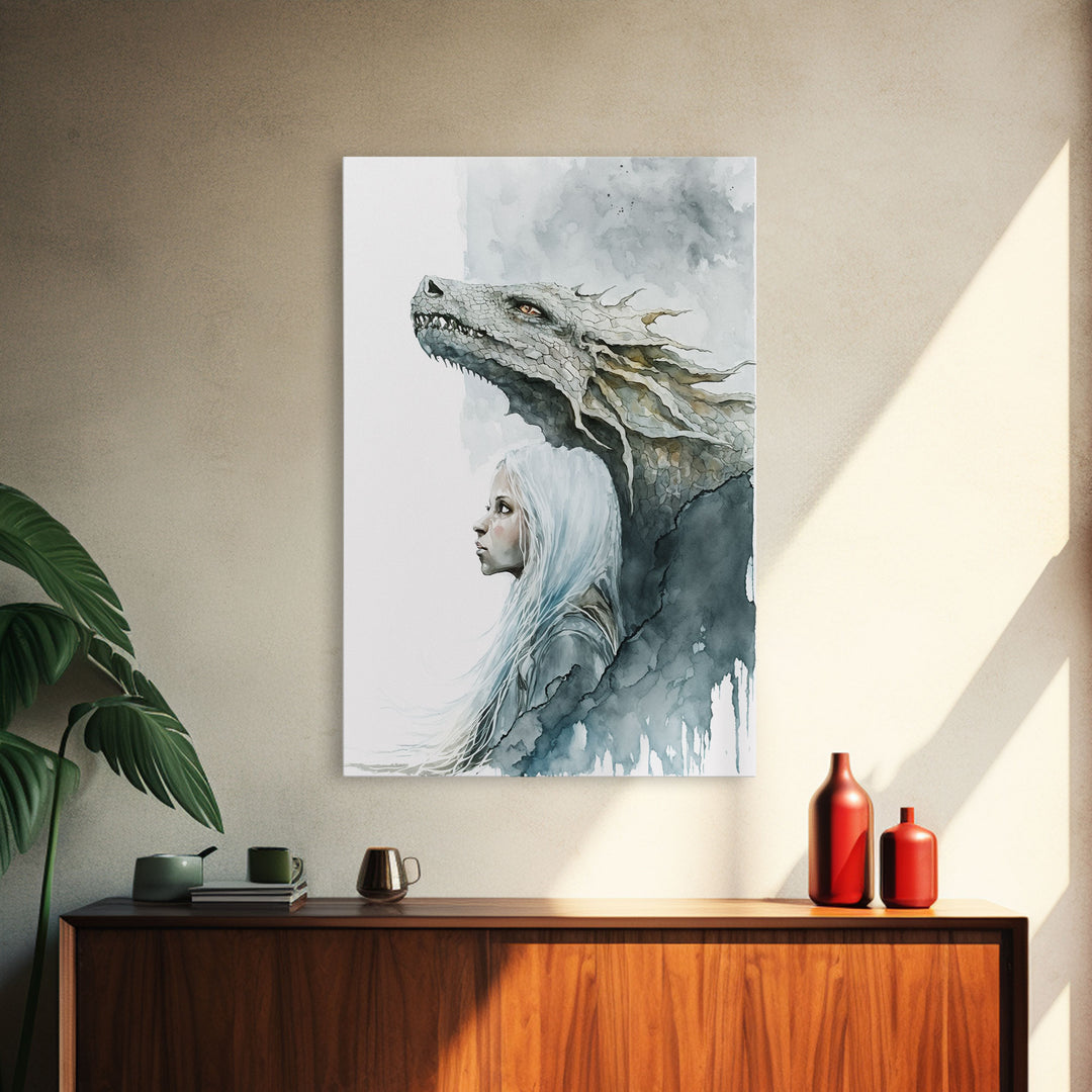 The Girl and Her Dragon, Wall Art, Fantasy Art, Art Print, Framed Canvas Art, Canvas Print, Gamer Decor, Gamer Girl Gift