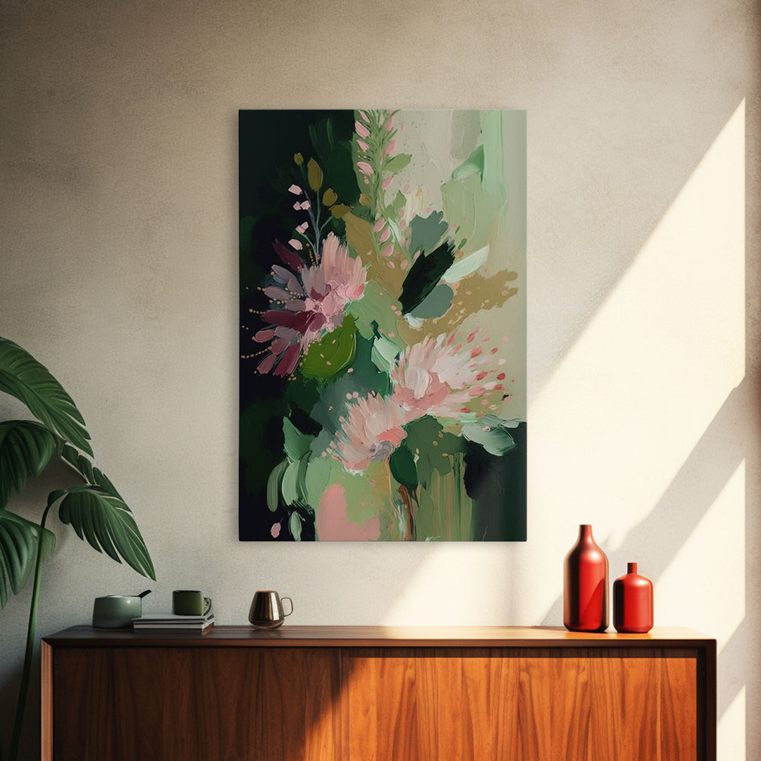 Wall Art, Abstract Flowers Oil Painting Canvas Print, Large Modern Pink Floral Painting, Framed Canvas Art, Boho Living Room Wall Art Decor