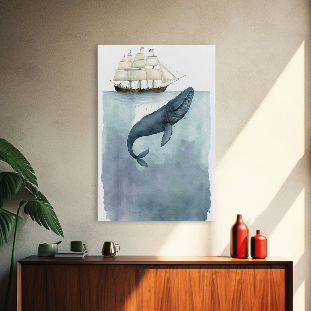 Framed Wall Art Blue Whale Painting, Watercolor Painting, Whale Print, Whale and Boat, Whale Nursery, Humpback Whale, Framed Wall Art