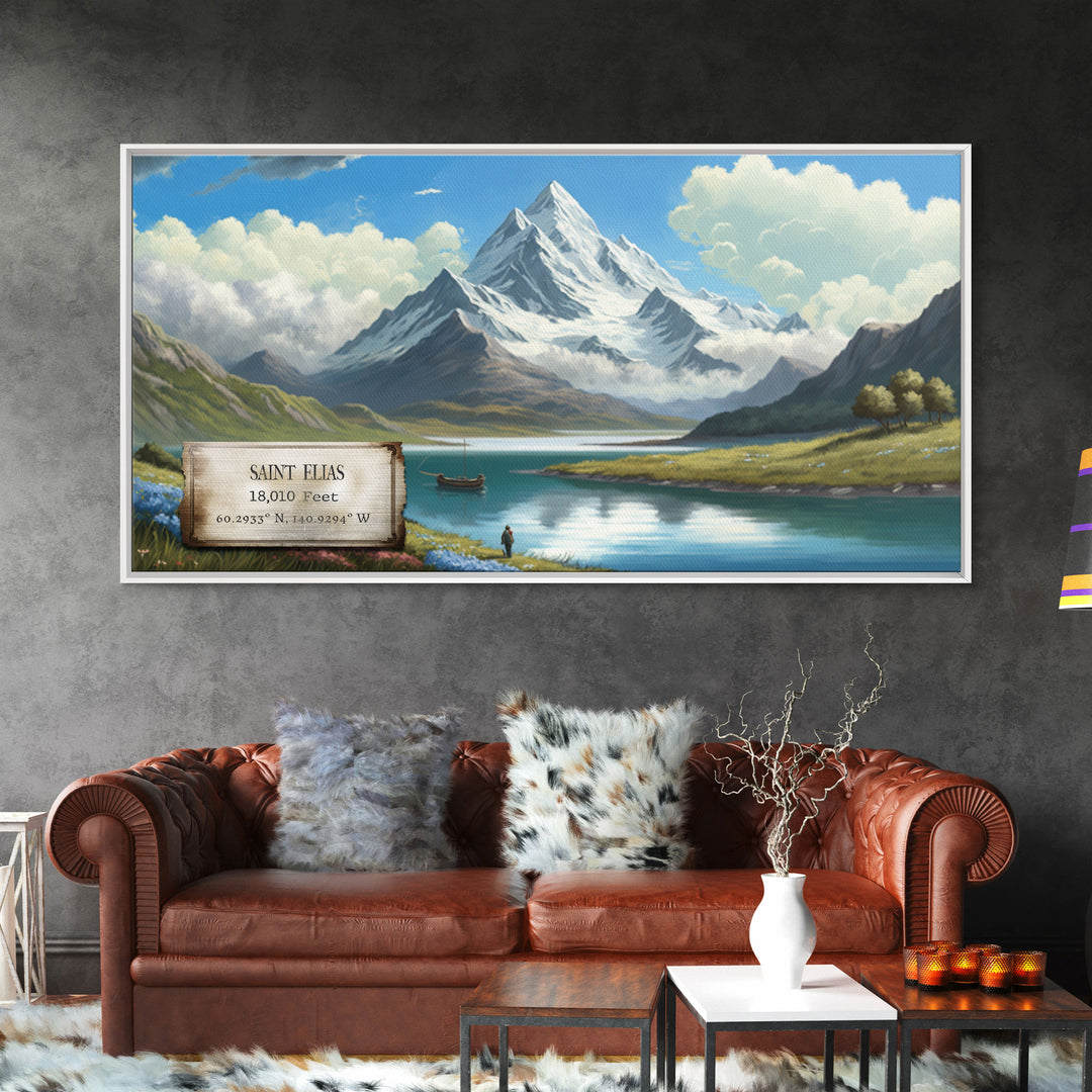 Mount Saint Elias, Yukon Mountains, Travel Poster Wall Art, Framed Canvas Print, American Mountains, Mountain Landscape Painting