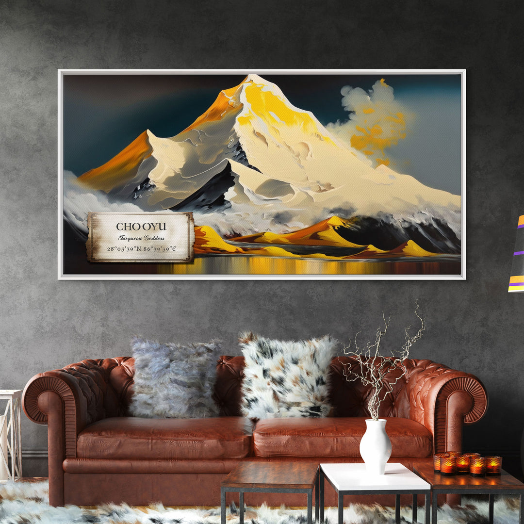 Cho Oyu, The Turquoise Goddess, Travel Poster, Framed Canvas Print, Mountain Landscape Painting, Original Painting Print