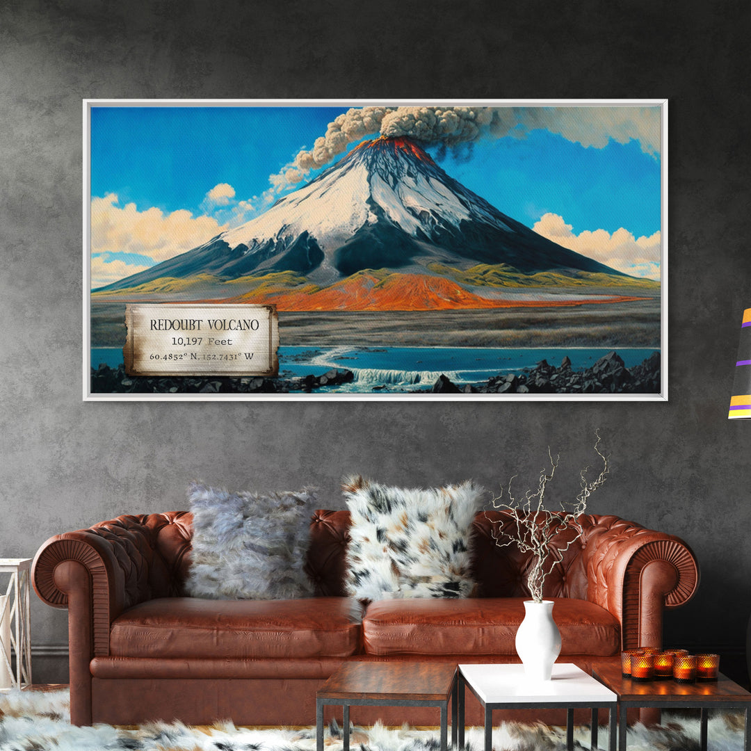 Mount Redoubt, Volcanos of Alaska, Travel Poster Wall Art, Framed Canvas Print, American Mountains, Mountain Landscape Painting