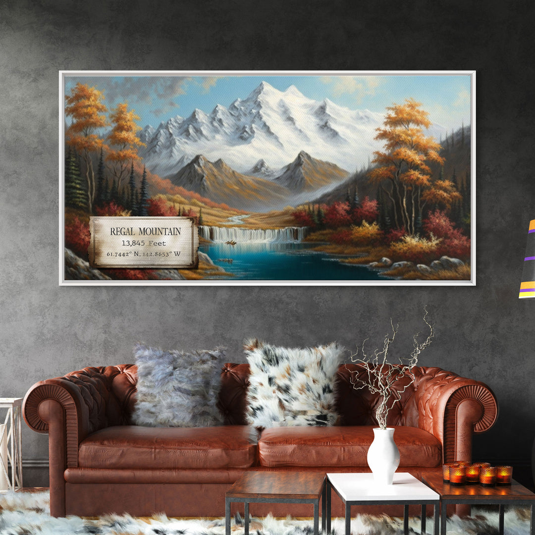 Regal Mountain, Travel Poster Wall Art, Framed Canvas Print, American Mountains, Mountain Landscape Painting, Wrangell Mountains Alaska