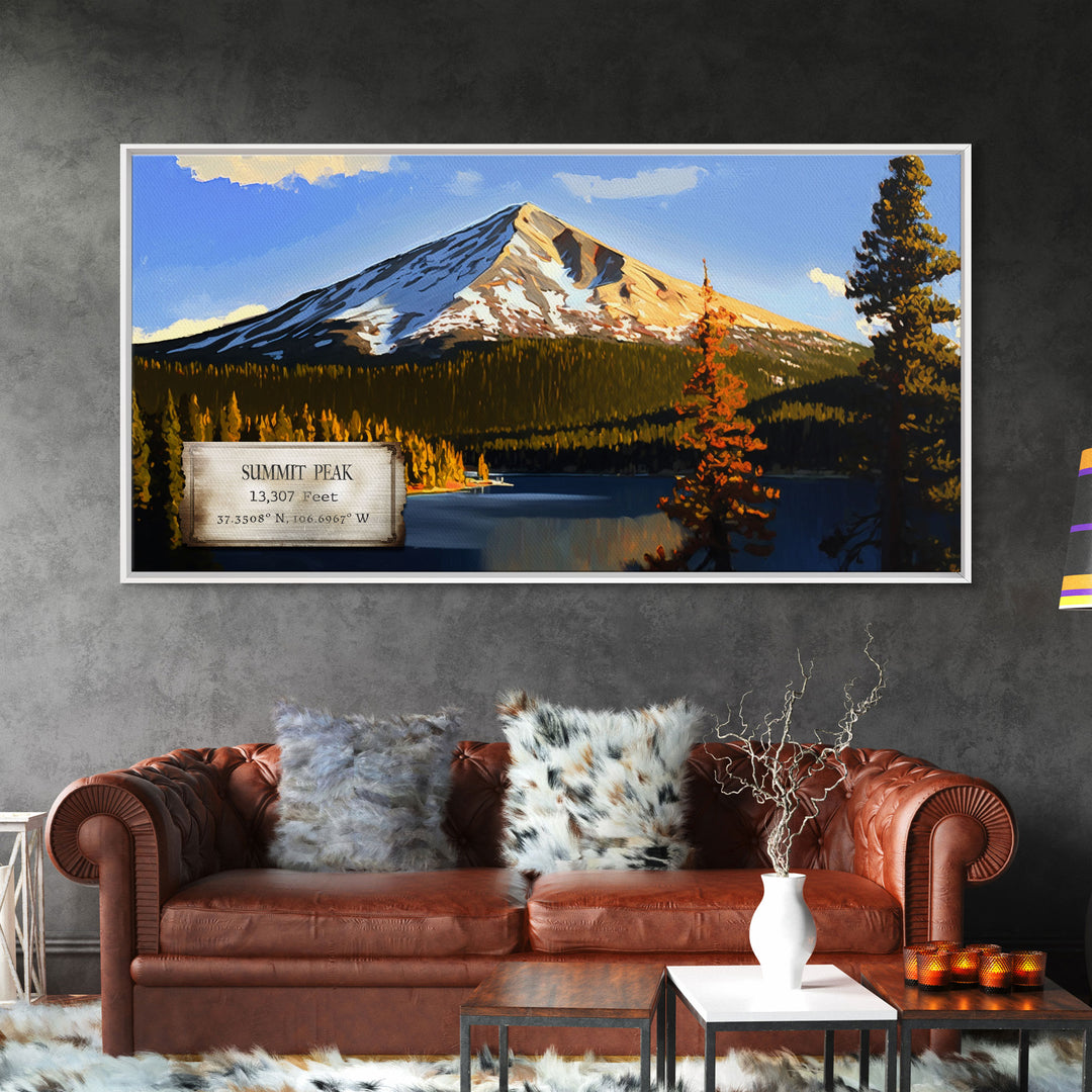 Summit Peak, Travel Poster Wall Art, Framed Canvas Print, American Mountains, Mountain Landscape Painting, Mountains of Colorado