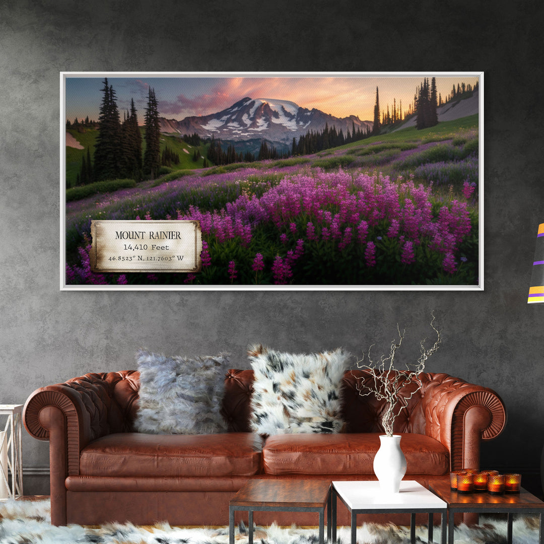 Mount Rainier, Travel Poster Wall Art, Framed Canvas Print, American Mountains, Mountain Landscape Painting, Washington State Art