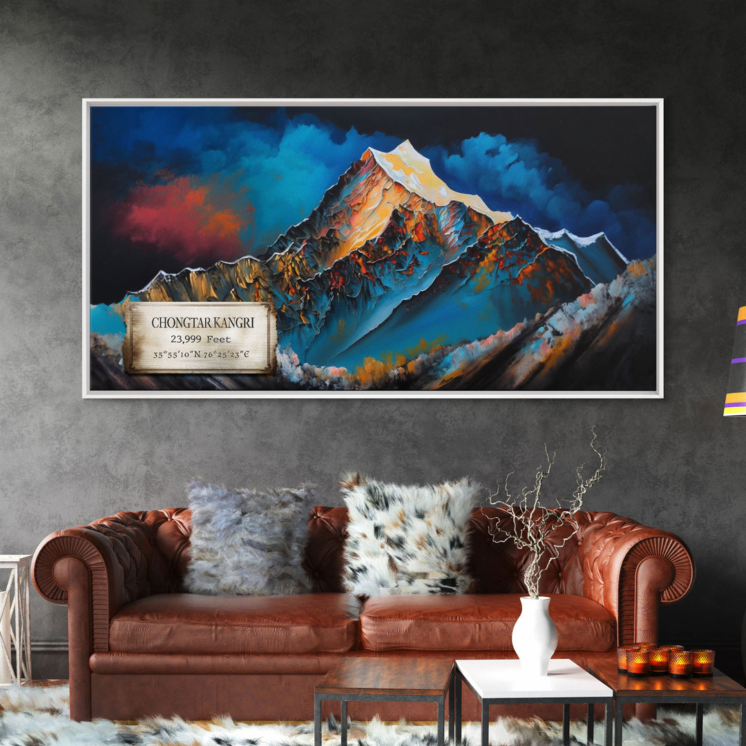 Chongtar Kangri, Travel Poster Wall Art, Framed Canvas Print, Mountain Art, Mountain Landscape Painting