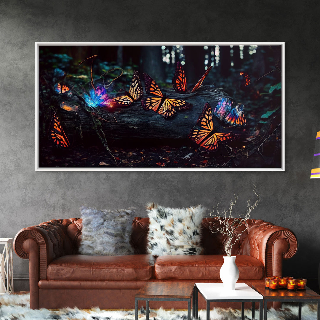 Glowing butterflies, fantasy forest wall art, framed canvas print, mother's day, mom gift, monarch butterflies