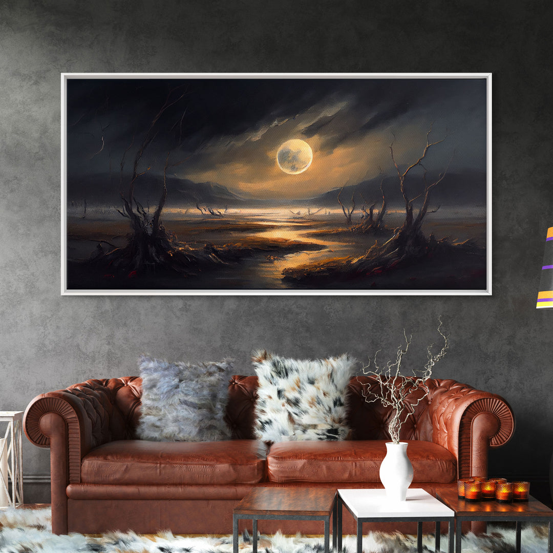 Midnight In The Swamp, Framed Canvas Print, Fantasy Art Canvas, Wall Art, Game Room Art, Full moon