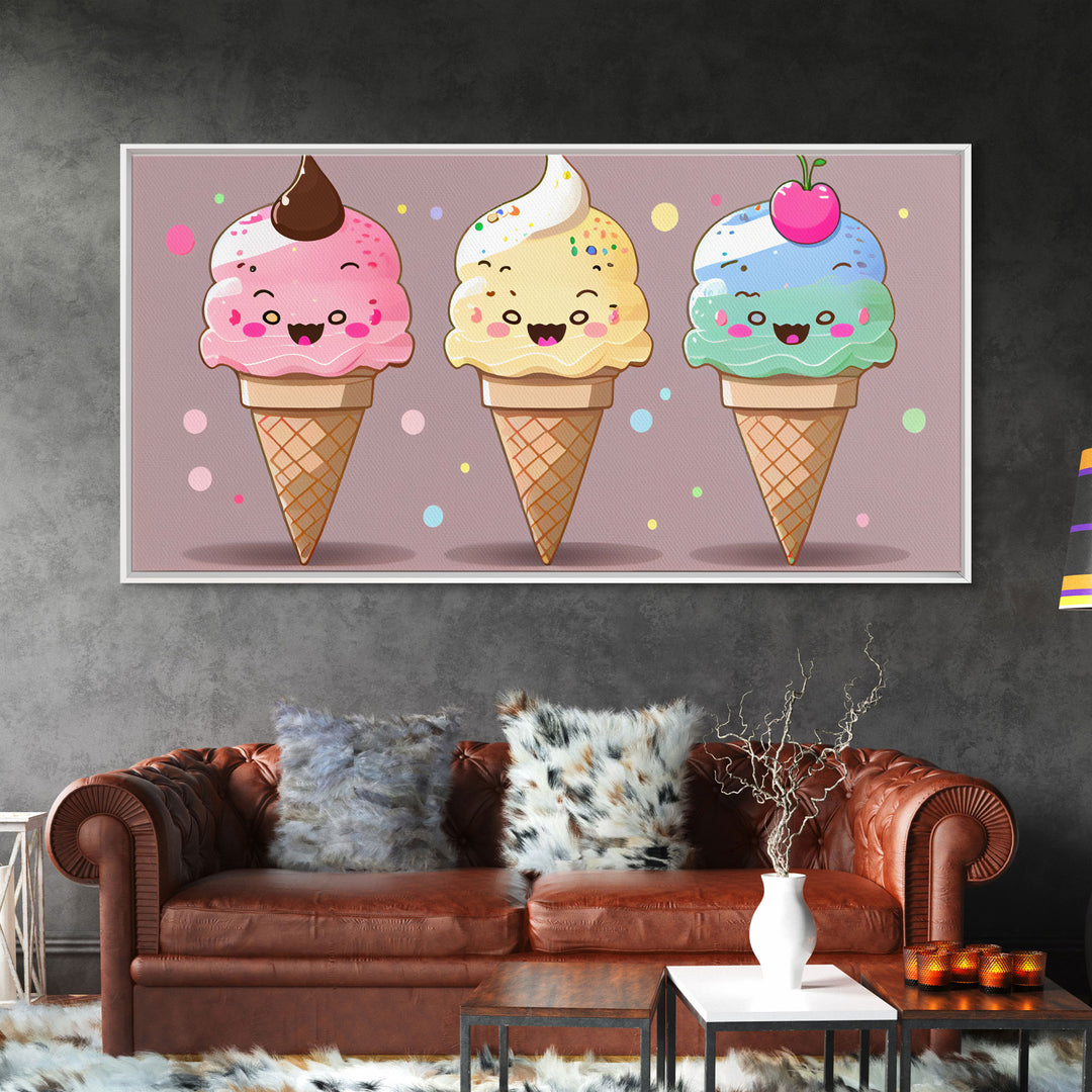 Ice Cream Wall Art, Framed Canvas Print, Cute Kawaii Art, Anime Style Wall Art, Ice Cream Parlor Art, Ice Cream Shop