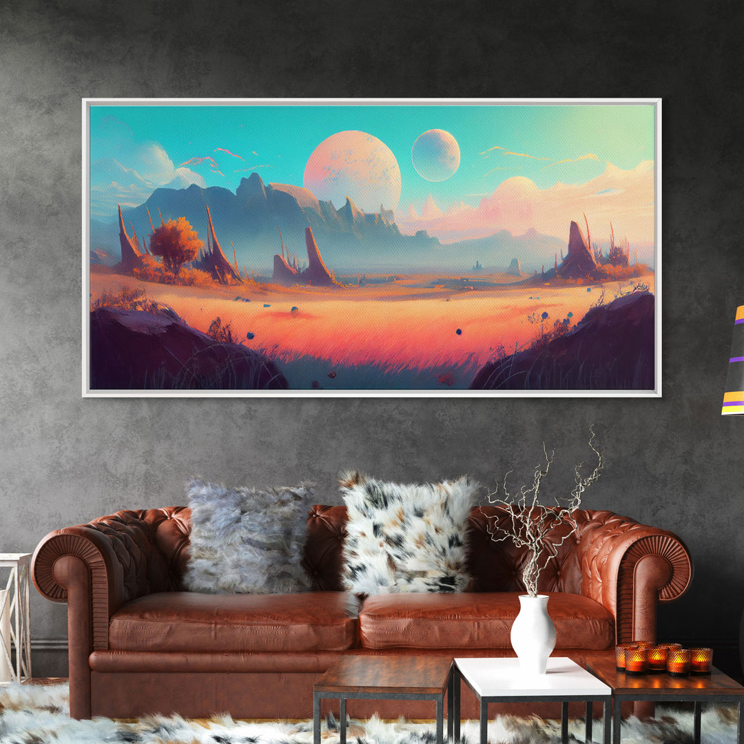 Scifi Landscape Wall Art, Framed Canvas Print, Canvas Art, Two Moon Scifi Planet Watercolor Painting